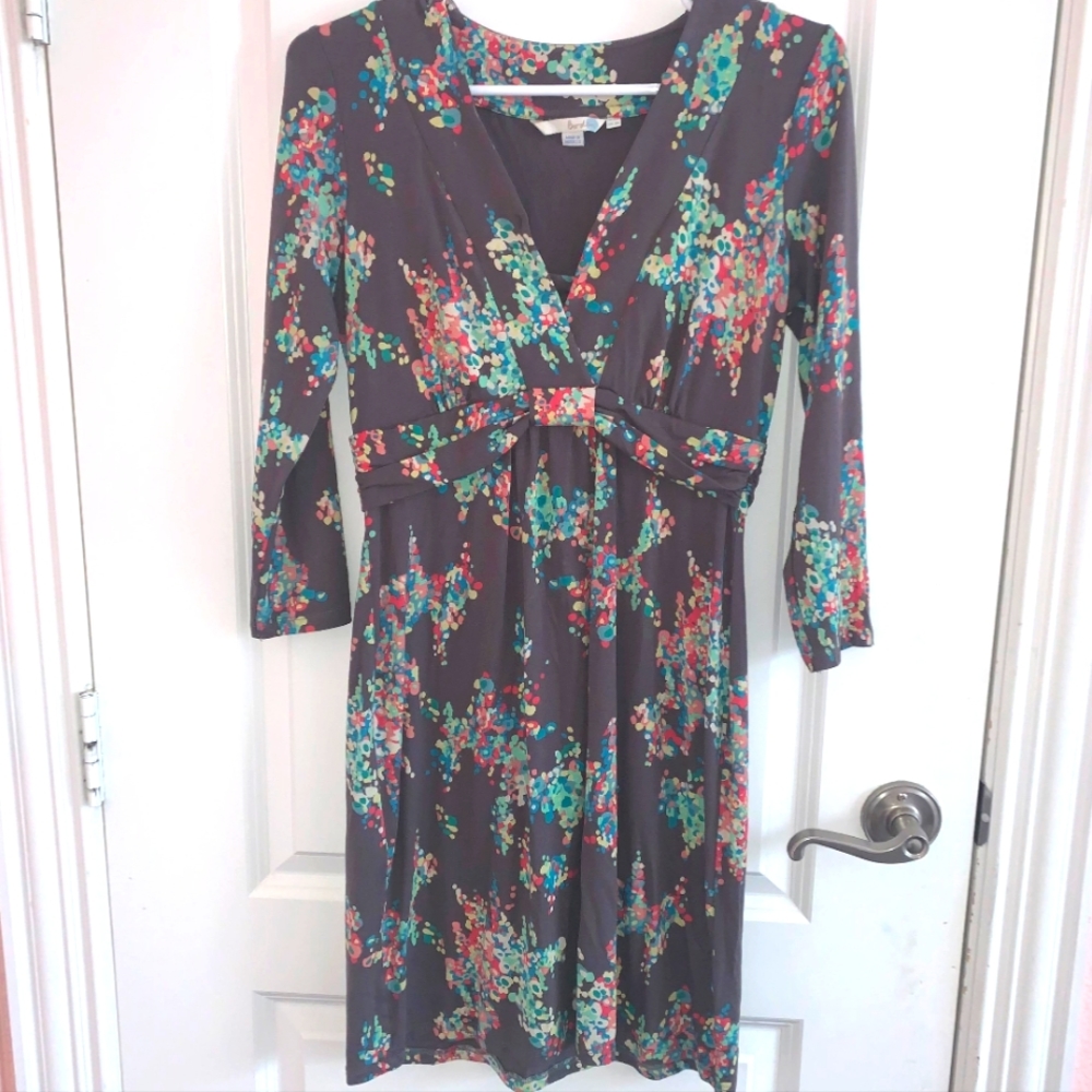 Boden Floral Long Sleeve Jersey Knit Dress V Neck Size 6R